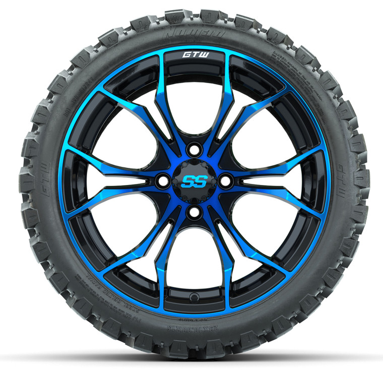 Set of (4) 15″ GTW Spyder Blue/Black Wheels with 23x10-R15 Nomad All-Terrain Tires