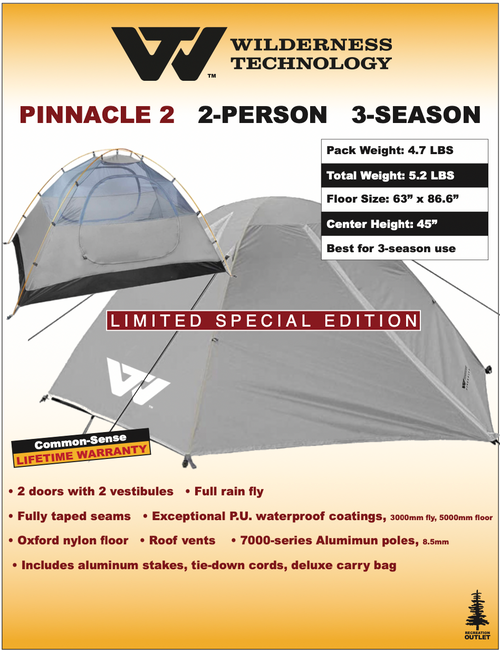 The Pinnacle 2 is a lighter/smaller version of the best selling North Duo. It has a great waterproof coating on the fly (3000mm) and floor (5000mm).  This will help you sleep during the summer storms, while exploring the backcountry.  Since it has two doors it will allow you and your partner to enter and exit the tent without bothering each other.