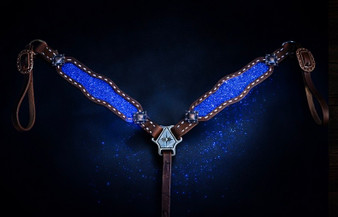 Blue Glitter  Buck Stitch Breastcollar in brown leather