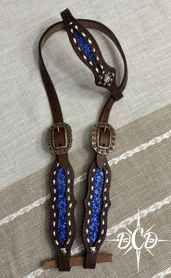Copy of Blue Glitter Buckstitch  Headstall in brown***