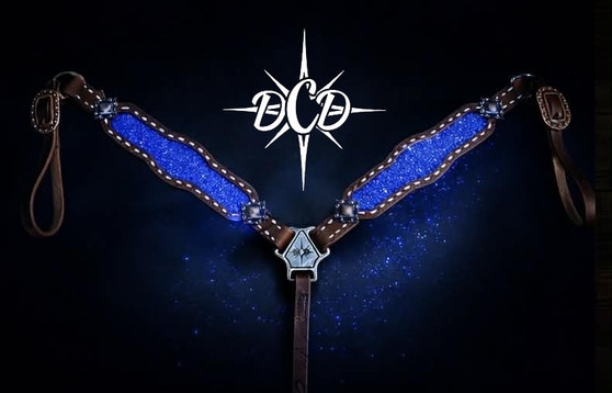Blue Glitter  Buck Stitch Breastcollar in brown leather