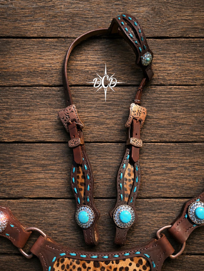 Leopard Hide Turquoise concho Headstall Only