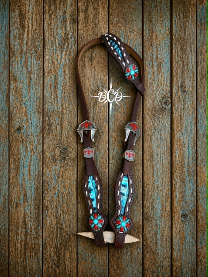 Caribbean Hornback with white buck stitch Headstall