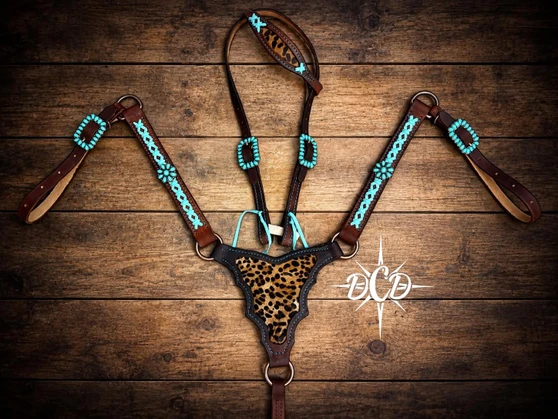 Leopard Hide Turquoise Braid Tack Set