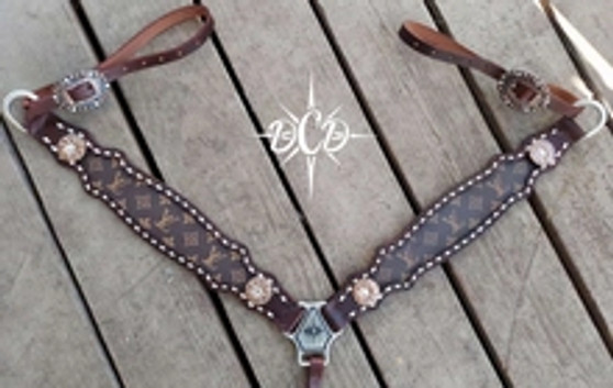 Western Brown Leather Tack set of Headstall & Breast collar with LV  Inlay