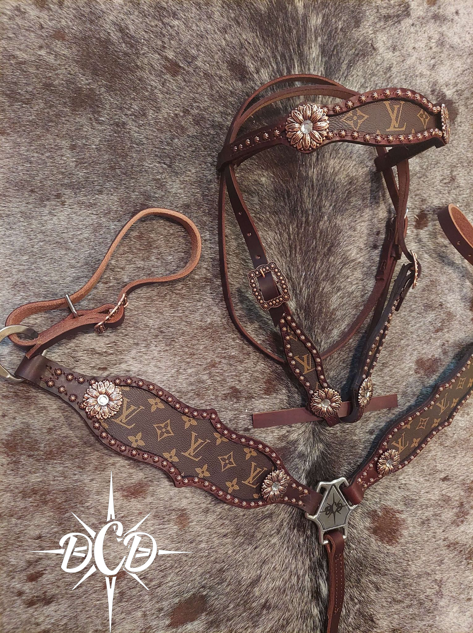Western Dark Oil Leather Printed Inlay Tack Set of headstall and