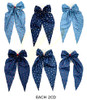 13.7" Denim Look Cherry Print Long Tail Gator Clip Hair Bow .68 each
