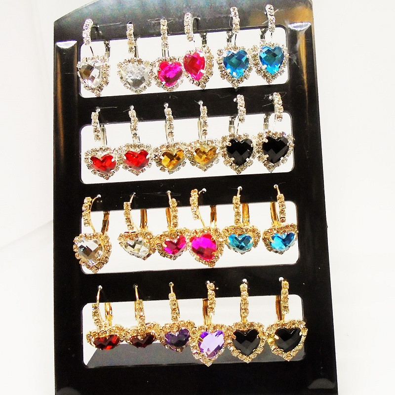 Gold & Silver Euro Wire Heart Stone Earrings w/ Rhinestones 12 pr