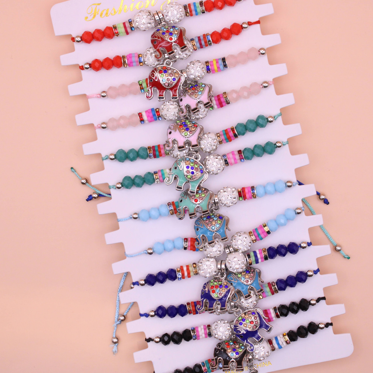 Colorful Cord Beaded Bracelet w/ Cry. Stone Elephant Charm 12 per card