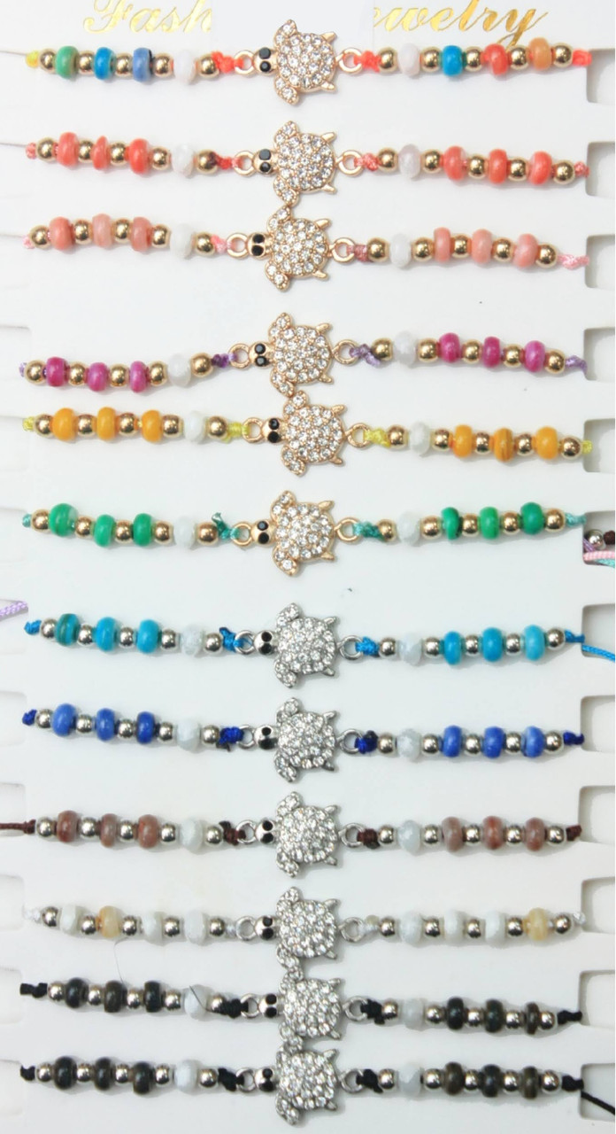 Turtle Rhinestone Pendant w/ Color Beads Cord Bracelet .60 Each