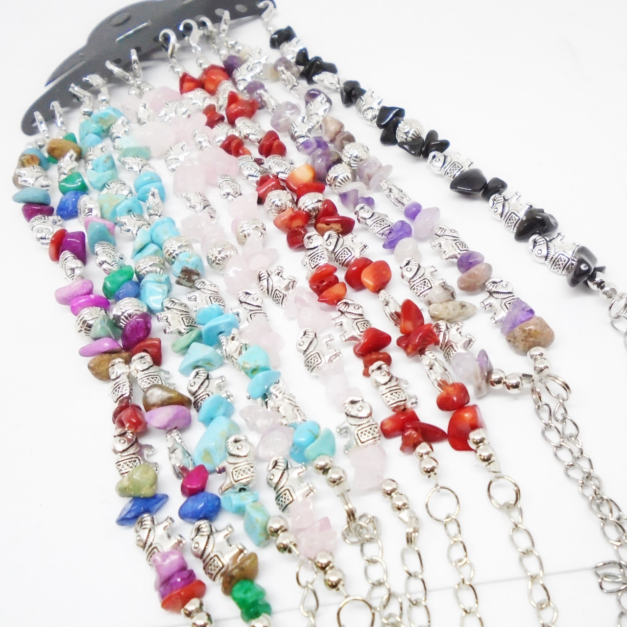 Silver & Gemstone Bead Bracelet w/ Silver Elephants .60 each