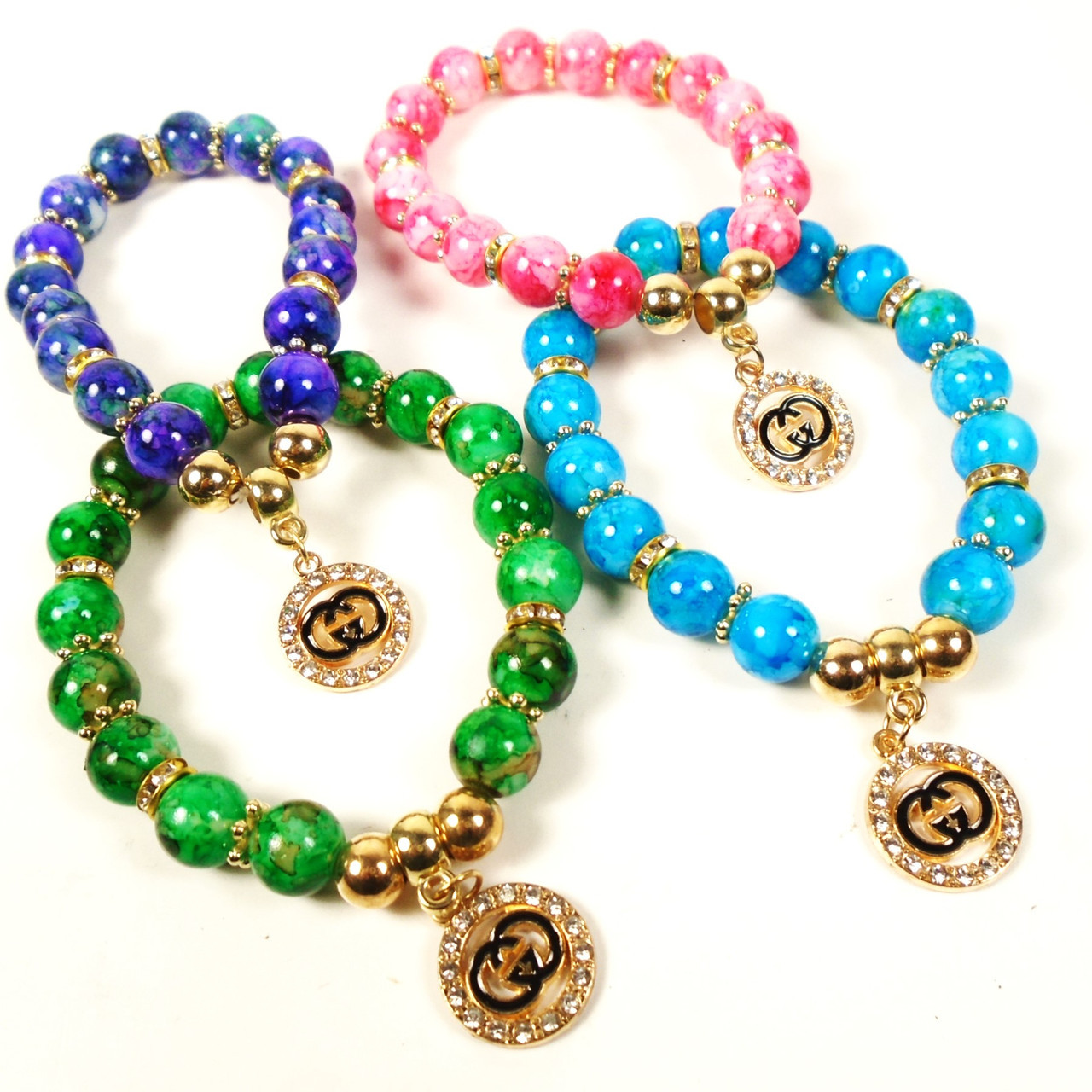 Glass MBL Bead Bracelets w/ Crystal Stone Charm .60 ea Accessories Palace