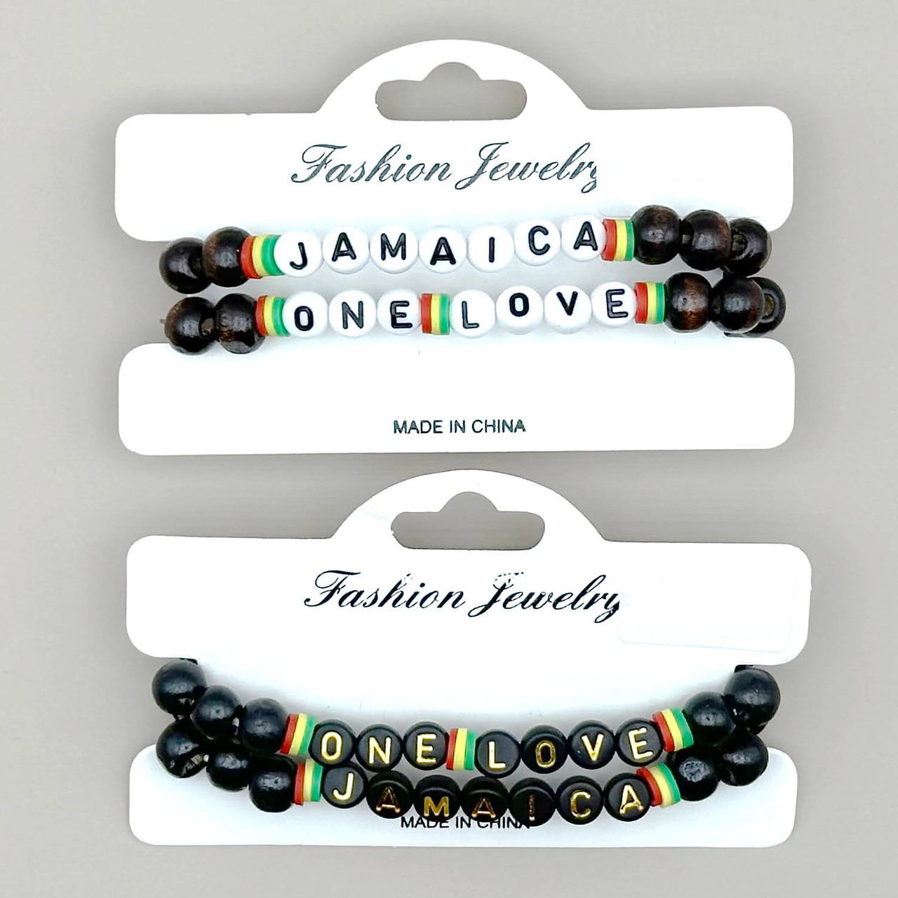 2 Pc Pk One Love & Jamaica Letters Wooden Bead Bracelet .65 Each