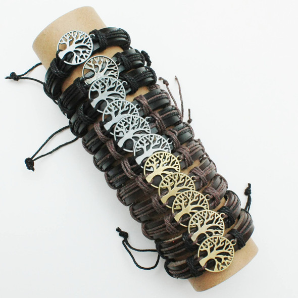 Natural Color Teen Leather Bracelet w/ Gold & Silver Tree of Life .58 ea