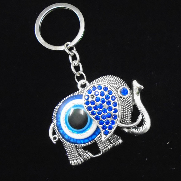 Cast Silver Elephant Keychain w/ Blue Crystals & Eye .60 each 