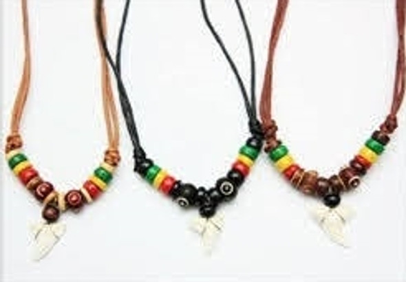 Leather Cord Necklace w/ Rasta Beads & Real Shark Tooth Pendant .83 each