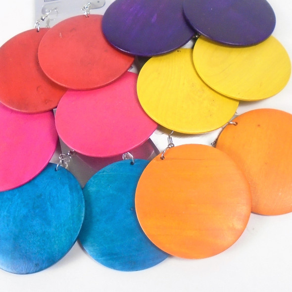 Round Wood 2.25" Fashion Earring Bright Colors  .58 each