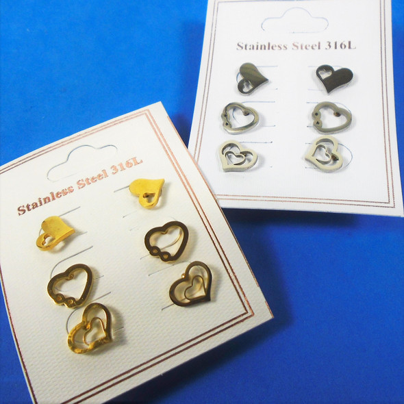 3 -Pair Gold & Silver Stainless Steel Earrings Mixed Heart Theme  .58 per set 