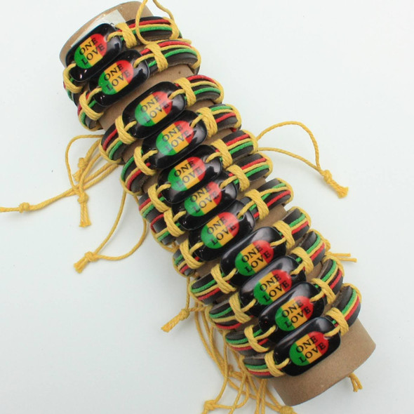 Leather Bracelets w/ Rasta ONE LOVE Theme  12 per pk  .58 each