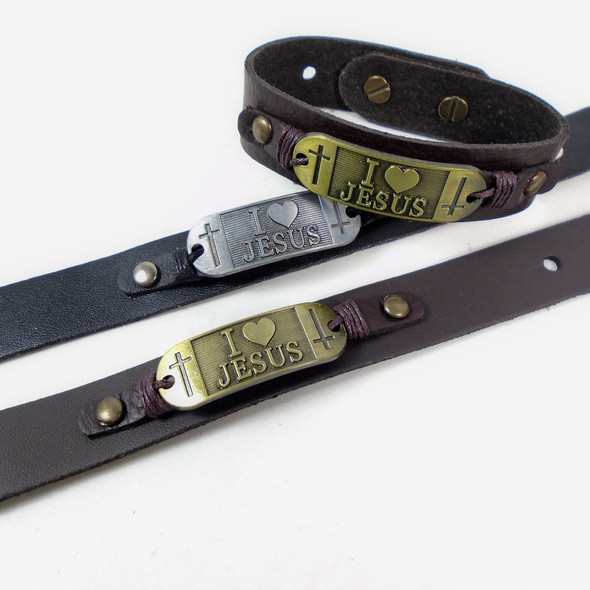 Black & Brown Leather I Love Jesus  Bracelets   12 per pk  .60 each