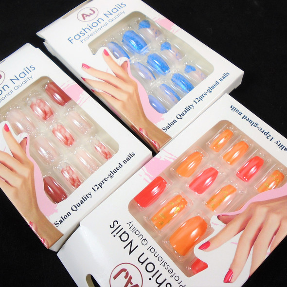 Multi Style Pack Mixed Color  12 Pk Pre Glued Fashion Nails (1008) .58 each set