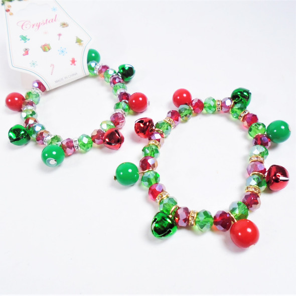 Shiney Crystal Beaded Christmas Theme  Bracelet w/ Bells  .58 each 