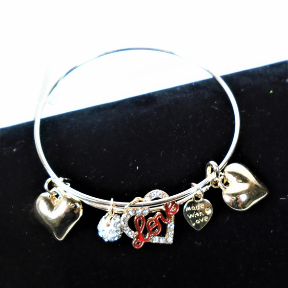 JUST FOR MOM Gold  Wire Bangle Bracelet w/ Mx Heart/LOVE  Charms  .58  ea