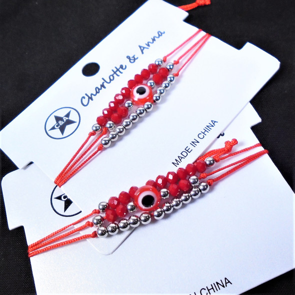 3 Line Red Cord Bracelets w/ Red,Silver Beads & Eye Bead  .60 ea set