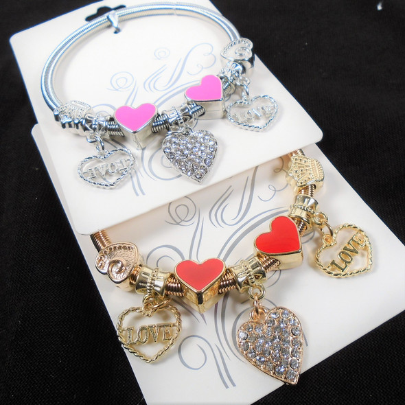 Gold & Silver Spring Style Bracelet w/ Love Theme & Colored Hearts  .58 each