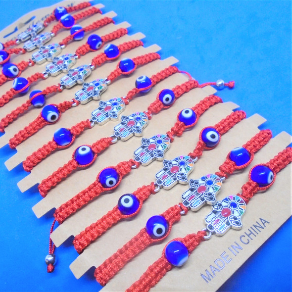 Red Macrame Bracelet w/ Colorful Hamsa & Eye Beads   12 per card  .58 each
