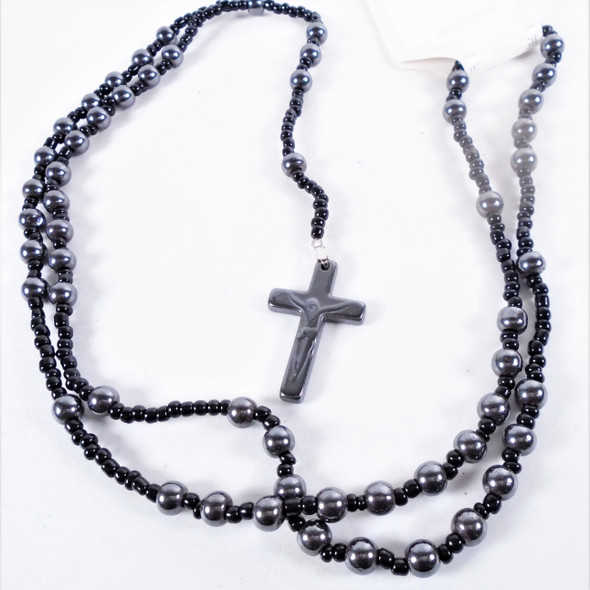 36" Hematite Round Bead Rosary w/ Cross .65 each 