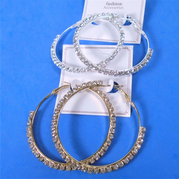 2.5" Gold & Silver Clear Rhinestone  Hoop Fashion Earrings .58 per pair 