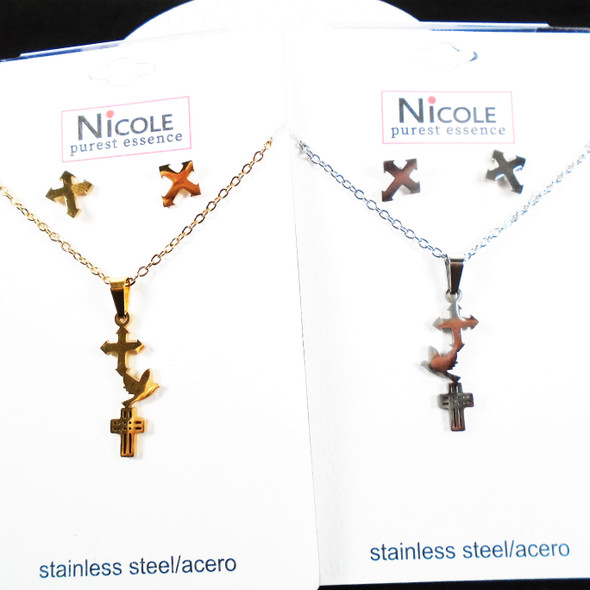 Gold & Silver ALL Stainless Steel Neck Set w/ Cross & Dove Pendant  .95 per set 