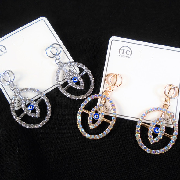 Elegant Gold & Silver Crystal Stone Oval Earring w/ Eye Bead .60 per pair 