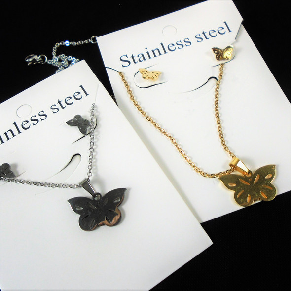 Stainless Steel Necklace & Earring Set Gold/Silver Butterfly   .60 ea set 