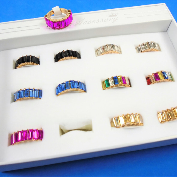 Gold Fashion Band Rings Glass Stones 12 per bx .58 each 