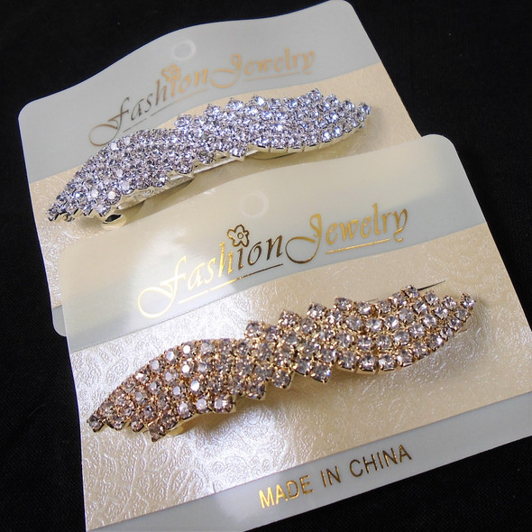 3" Multi Line Rhinestone Hair Barrette Gold/Silver w/ Clear Stone .58 ea 