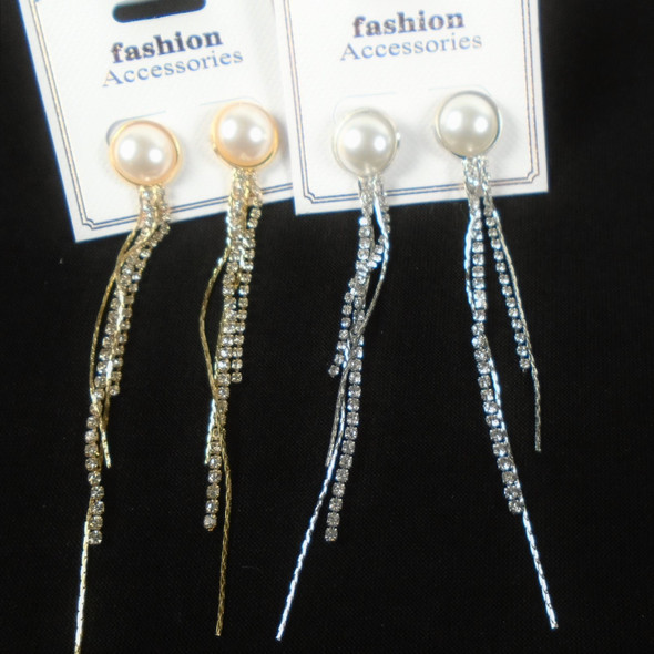 Elegant 3" Gold/Sil Rhinestone Earrings w/ Pearl Top  .60 per pair 