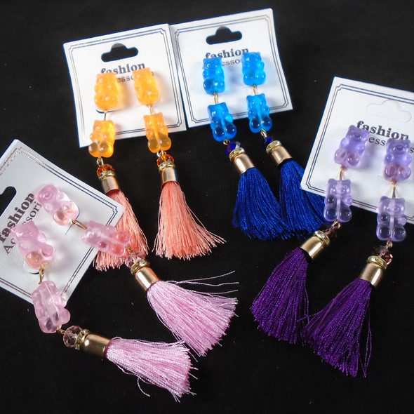 Colorful Fun Bear Earrings w/ Dangle Tassel  .58 per pair 
