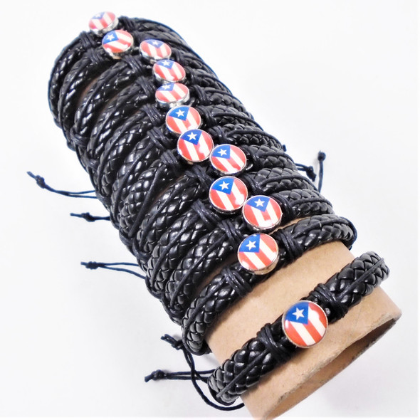  Puerto Rico Flag Theme Black Braided Leather Bracelets 12 per pk   .58 ea