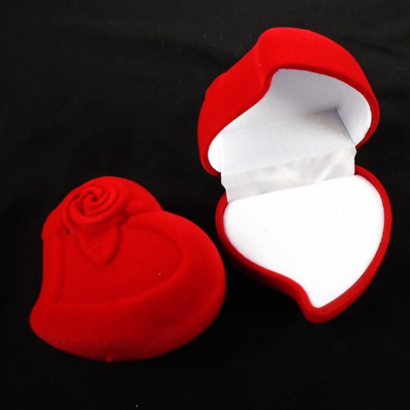 All Red Heart Shaped Faux Velvet Ring Box w/ RoseTop  12 per pk  .75 each