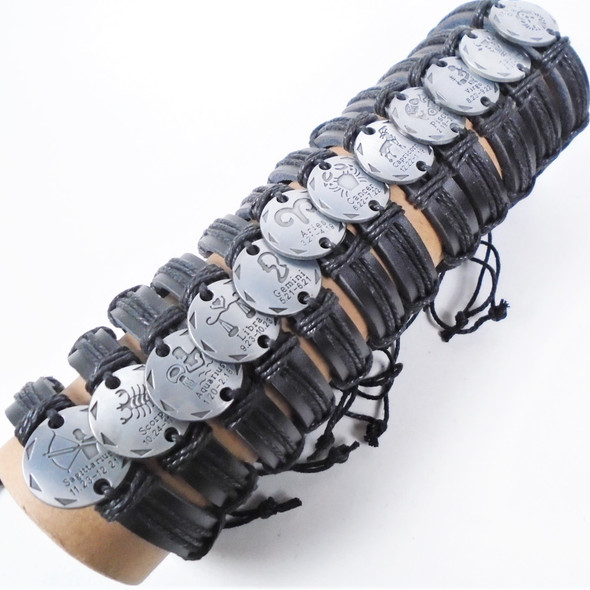 Teen Leather All Blk Bracelet w/ Rd. Silver Zodiacs .58 each