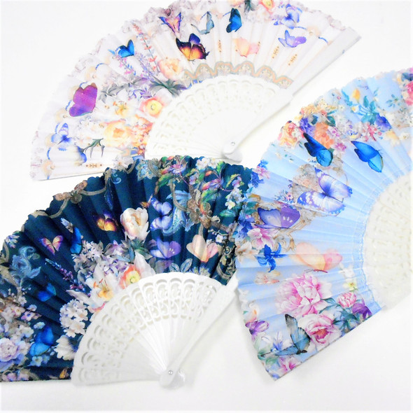 9" White  Handle  Flower/Butterfly  Print  Hand Fans  .60 each