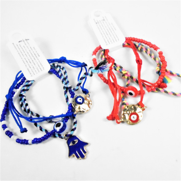 Red & Blue Multi String & Bead Bracelets w/ Eye & Hamsa Charms  .58 each set
