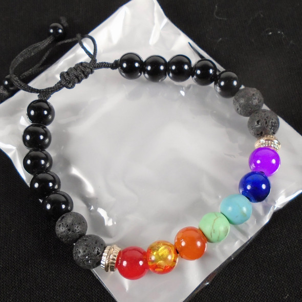  Black Lava & Glass Bead Chakra Mixed Color Bead Bracelets  .60 each