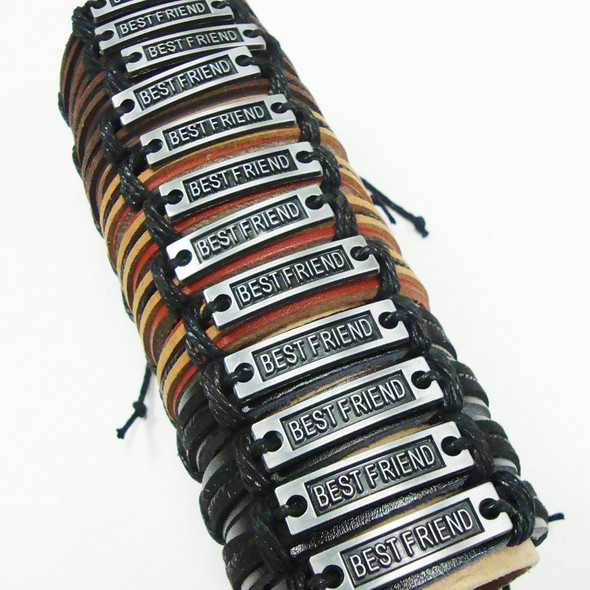  Teen Leather Bracelet w/ Best Friend Plaque Black/Natural Colors .58 ea