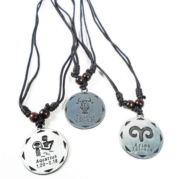 18" Adjustable Leather Cord Necklaces w/ Silver Zodiac Pend.  .60 ea