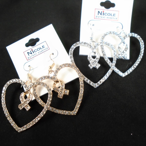 1.5"  Gold/Sil Crystal Stone Heart Earrings  w/ Dangle Ribbon Charm .58 per pair 