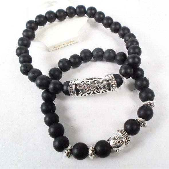 2 Pk Black Stone Bead Bracelets w/ Silver Charms  .60 per set 