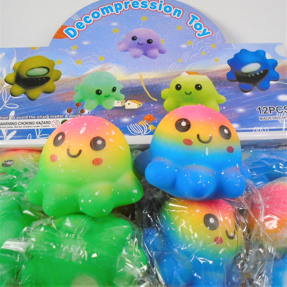 3.5" Fluffy,Puffy Decompression Octopus Ball  Multi Color 12 per display bx .90 each